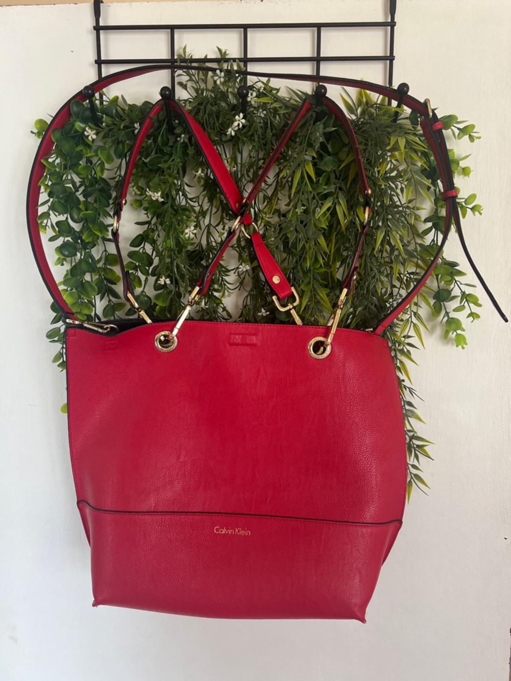 Calvin Klein Red Leather Like Reversible Tote with Gold Hardware